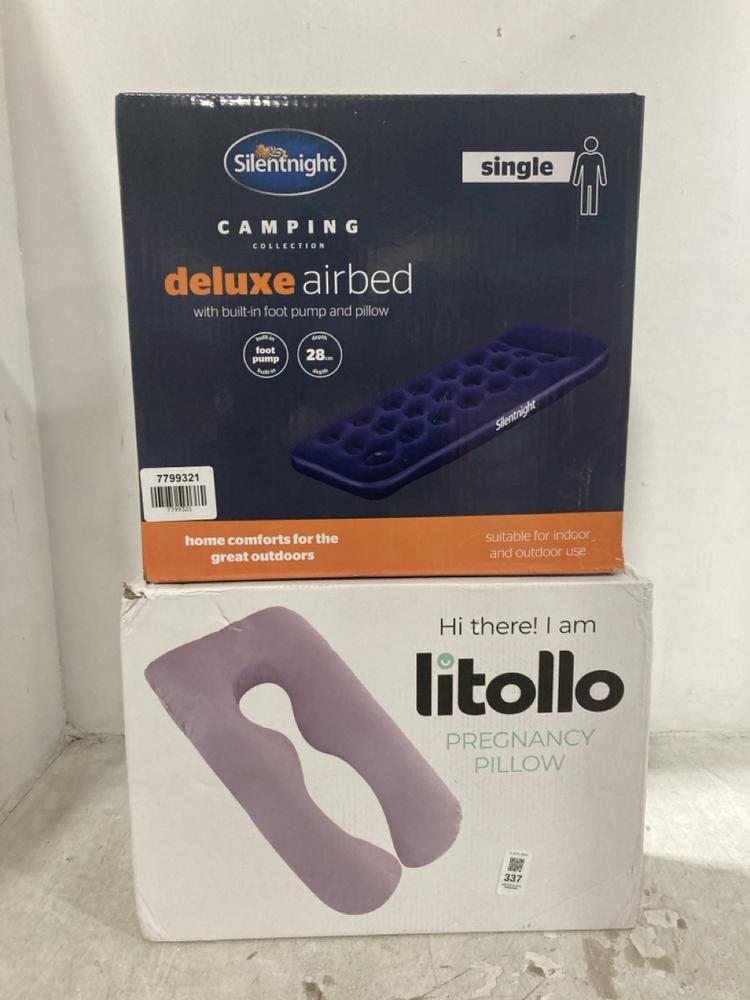 Lot 337  
            Chesterfield SR44 - Parcel Delivery Only 

                
LITOLLO PREGNANCY PILLOW TO INCLUDE SILENT NIGHT CAMPING SINGLE DELUXE AIR BED (L...