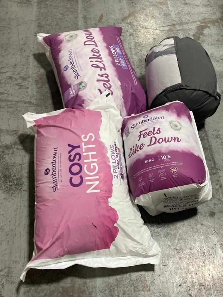 Lot 347  
            Chesterfield SR44 - Parcel Delivery Only 

                
4 X ASSORTED BEDDING ITEMS TO INCLUDE SLUMBER DOWN 2 PILLOW BACK SUPPORT (LOCATIO...