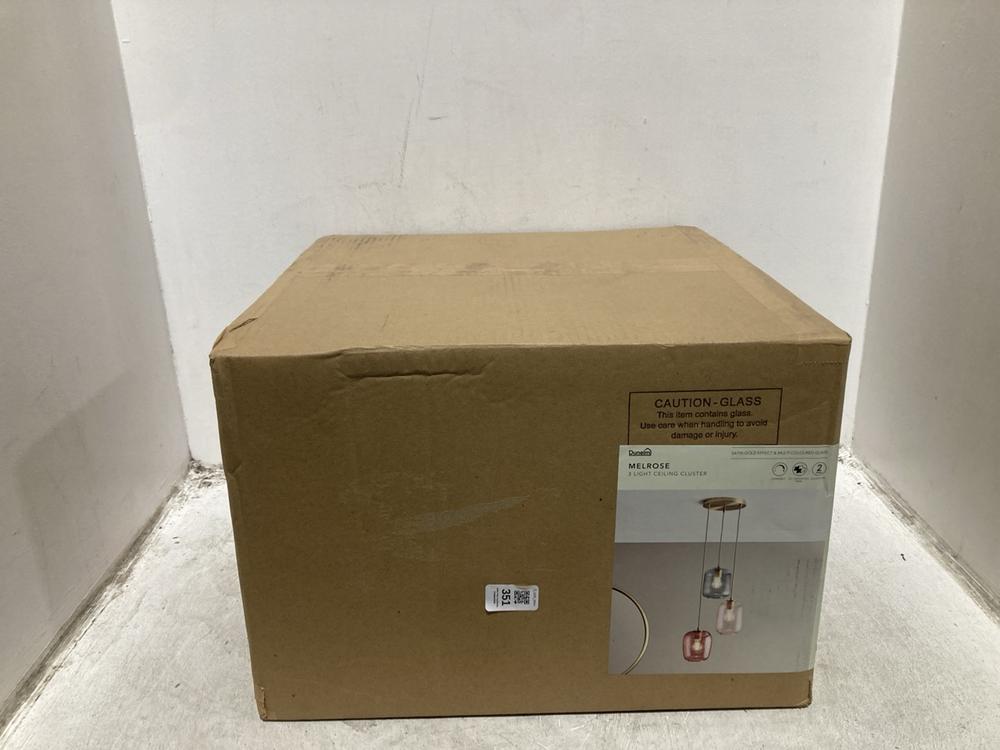 Lot 351  
            Chesterfield SR44 - Parcel Delivery Only 

                
DUNELM MELROSE 3 LIGHT CEILING CLUSTER (LOCATION: G6)