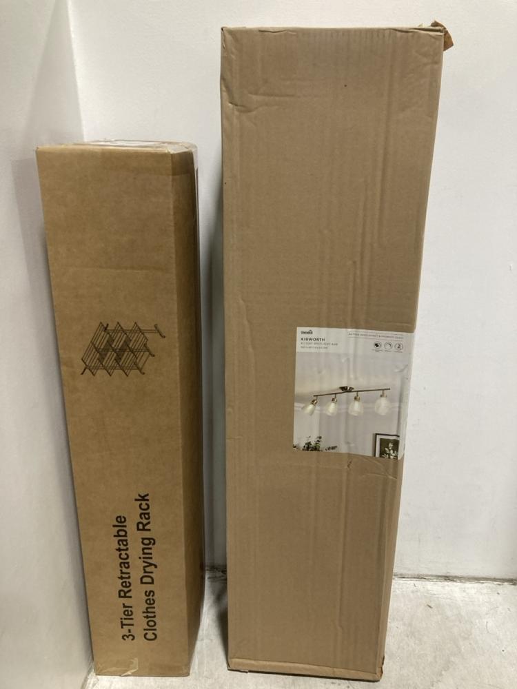 Lot 360  
            Chesterfield SR44 - Parcel Delivery Only 

                
3 TIER RETRACTABLE CLOTHES DRYING RACK TO INCLUDE DUNELM 4 LIGHT STROBE SPOTLIGHT...