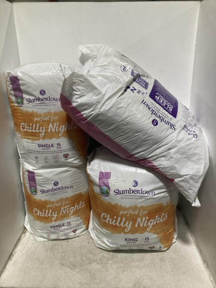 Lot 364  
            Chesterfield SR44 - Parcel Delivery Only 

                
4 X ASSORTED BEDDING ITEMS TO INCLUDE SLUMBERDOWN KING DUVET 15 TOG (LOCATION: G6)