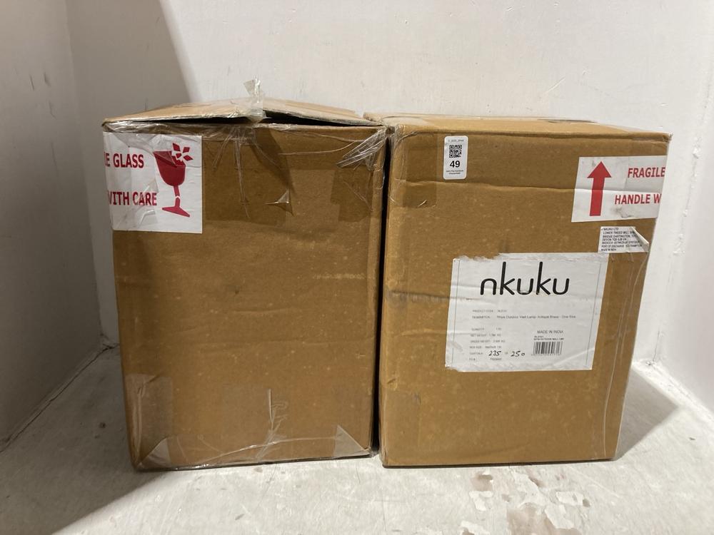 Lot 49  
            Chesterfield SR44 - Parcel Delivery Only 

                
2 X ASSORTED NKUKU ITEMS TO INCLUDE RHYA OUTDOOR WALL LAMP IN ANTIQUE BRASS (LOCA...