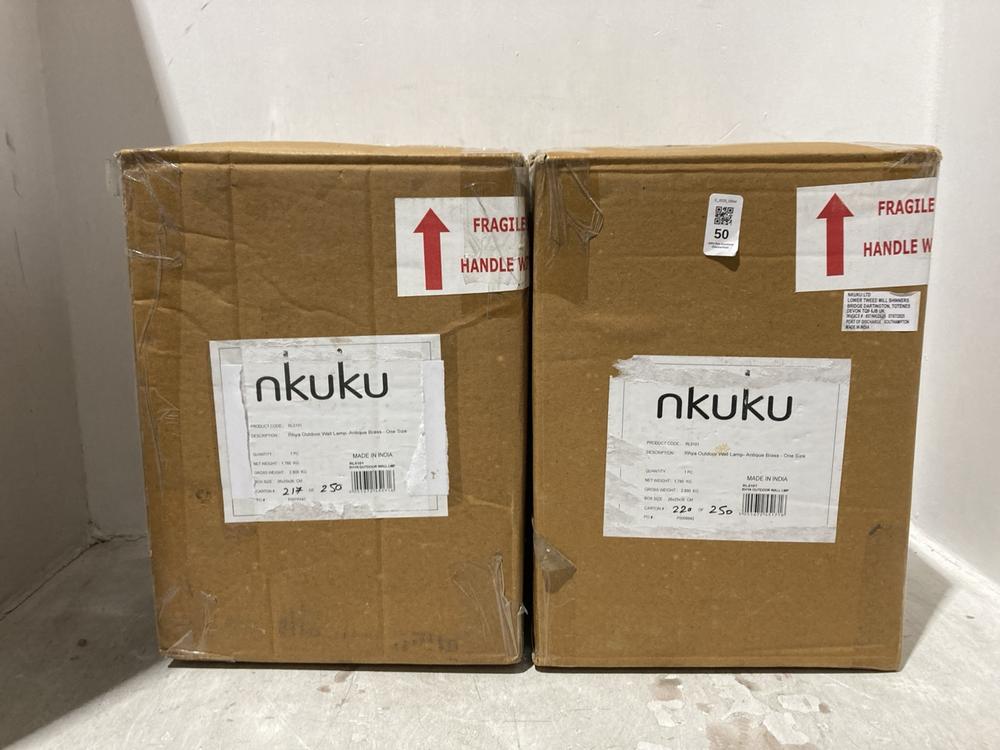 Lot 50  
            Chesterfield SR44 - Parcel Delivery Only 

                
2 X NKUKU RHYA OUTDOOR WALL LAMP IN ANTIQUE BRASS (LOCATION: L7)