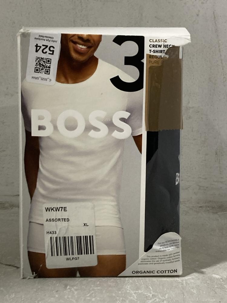 Lot 524  
            Chesterfield SR44 - Parcel Delivery Only 

                
BOSS 3 PACK CREW T-SHIRT PURE COTTON SET IN SIZE XL (LOCATION: H2)