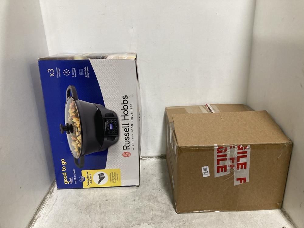 Lot 658  
            Chesterfield SR44 - Parcel Delivery Only 

                
SWAN 4 SLICE TOASTER TO INCLUDE RUSSELL HOBBS GOOD TO GO MULTI COOKER (LOCATION: H6)