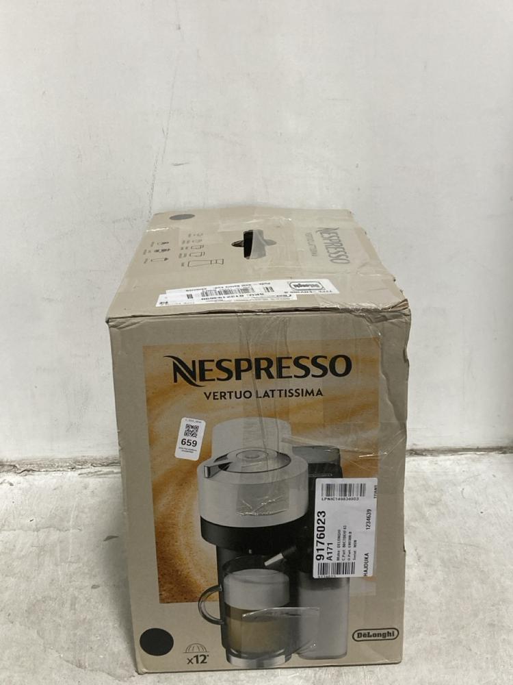 Lot 659  
            Chesterfield SR44 - Parcel Delivery Only 

                
DELONGHI NESPRESSO VERTUO LATTISSIMA COFFEE MACHINE (LOCATION: H6)