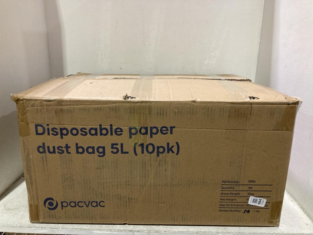 Lot 984  
            Chesterfield SR44 - Parcel Delivery Only 

                
BOX OF PRAVAC DISPOSABLE PAPER DUST BAGS 5L (LOCATION: J3)
