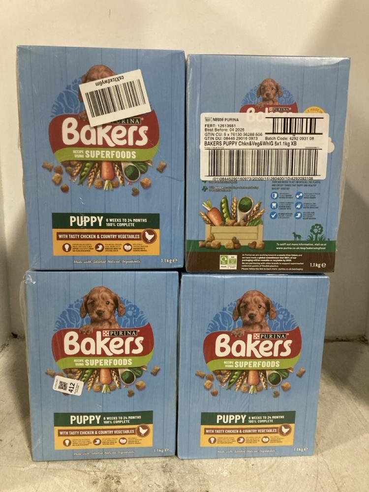 Lot 412  
            Chesterfield SR47 - Parcel Delivery Only 

                
4 X BAKERS SUPERFOODS DRY PUPPY FOOD 5 X 1.1KG BBE 04.2026. (LOCATION: F7)