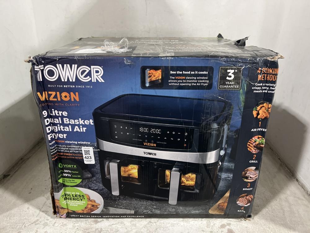 Lot 423  
            Chesterfield SR47 - Parcel Delivery Only 

                
TOWER VIZION 9L DUAL BASKET AIR FRYER. (LOCATION: F8)