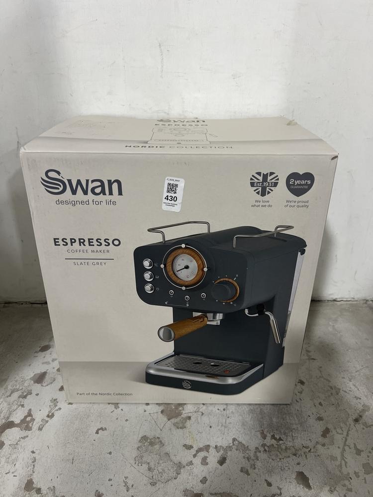 Lot 430  
            Chesterfield SR47 - Parcel Delivery Only 

                
SWAN NORDIC COLLECTION ESPRESSO COFFEE MAKER. (LOCATION: F8)
