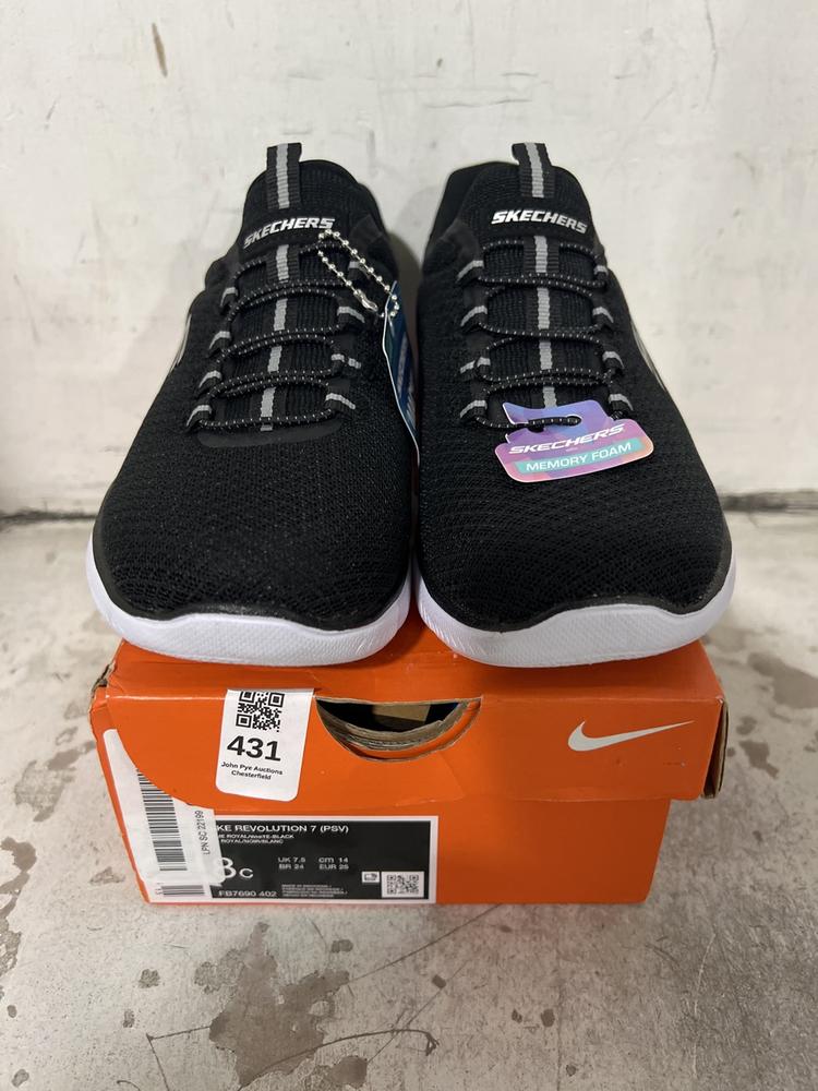 Lot 431  
            Chesterfield SR47 - Parcel Delivery Only 

                
CHILDRENS NIKE REVOLUTION 7 SHOES IN BLUE SIZE 7.5 TO INCLUDE CHILDRENS SKECHERS ...