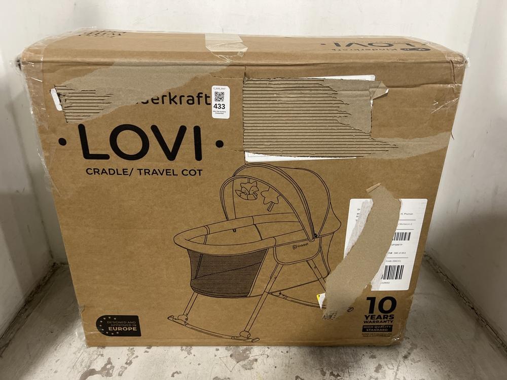 Lot 433  
            Chesterfield SR47 - Parcel Delivery Only 

                
LOVI CRADLE/ TRAVEL COT. (LOCATION: F8)