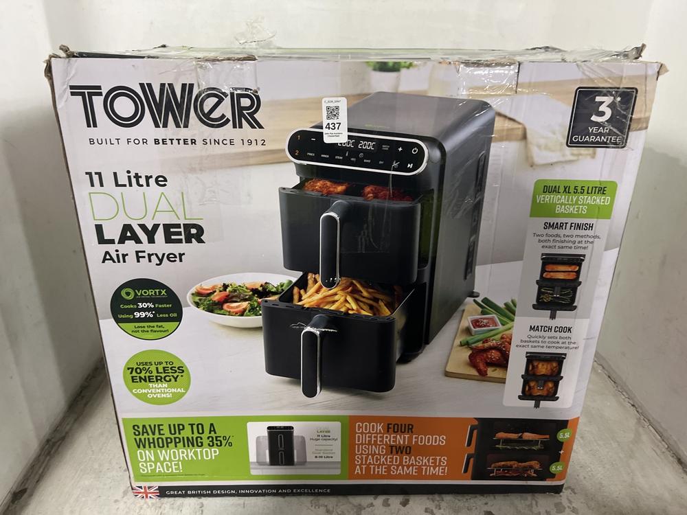 Lot 437  
            Chesterfield SR47 - Parcel Delivery Only 

                
TOWER 11L DUAL LAYER AIR FRYER. (LOCATION: F8)