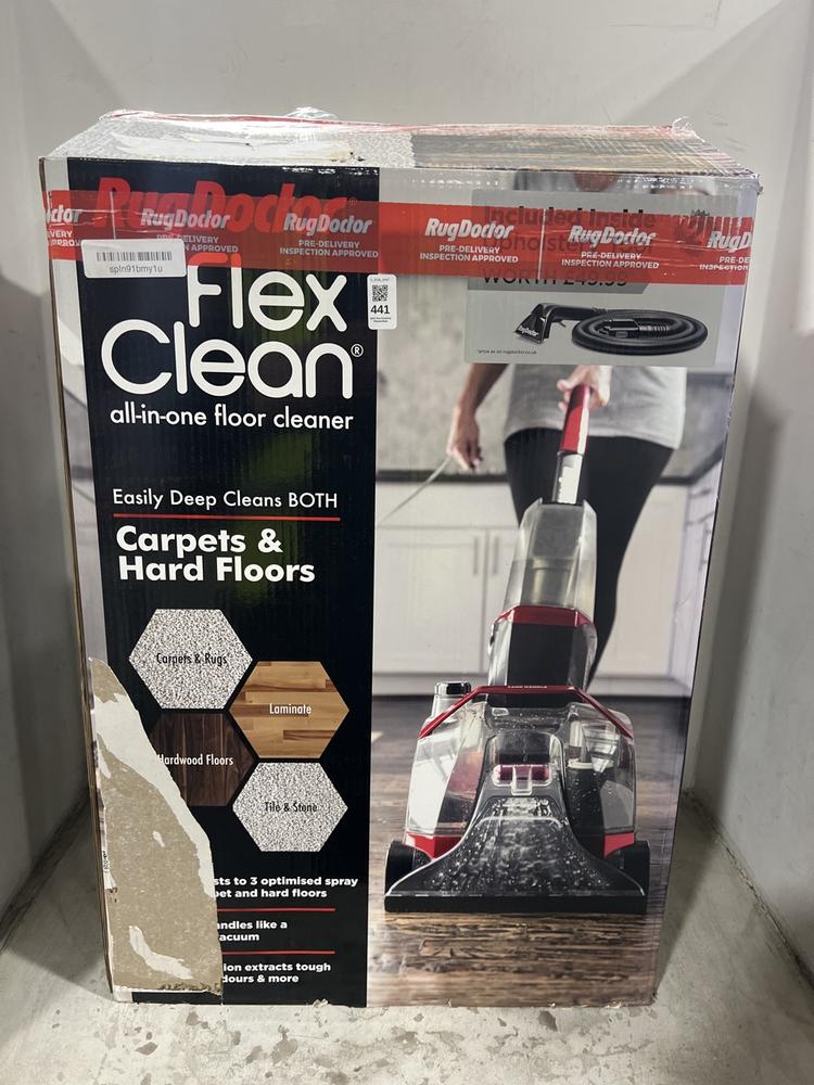 Lot 441  
            Chesterfield SR47 - Parcel Delivery Only 

                
RUGDOCTOR FLEXCLEAN ALL IN ONE FLOOR CLEANER. (LOCATION: F8)
