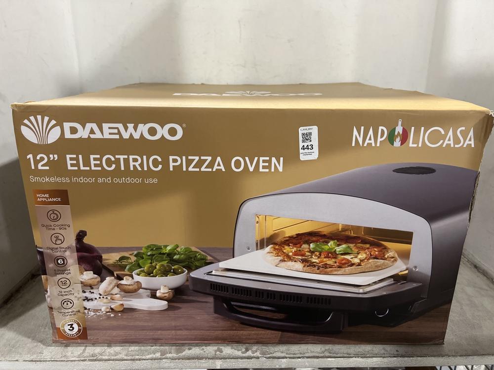 Lot 443  
            Chesterfield SR47 - Parcel Delivery Only 

                
DAEWOO 12" ELECTRIC PIZZA OVEN. (LOCATION: F8)