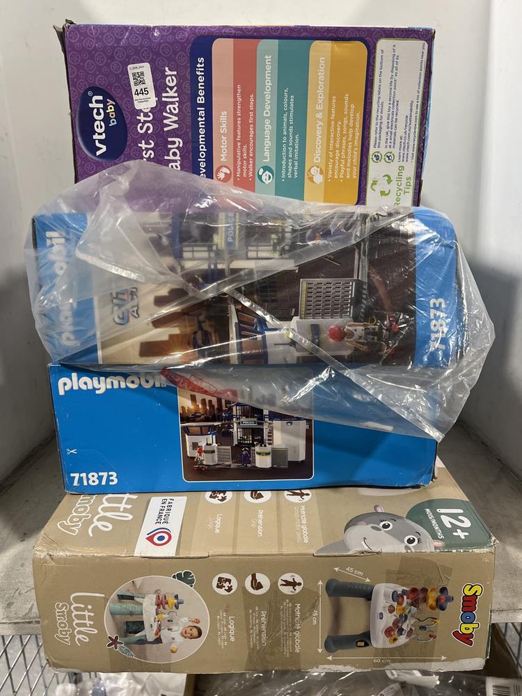 Lot 445  
            Chesterfield SR47 - Parcel Delivery Only 

                
3 X ASSORTED CHILDRENS ITEMS TO INCLUDE PLAYMOBIL 71873 CITY ACTION. (LOCATION: F8)