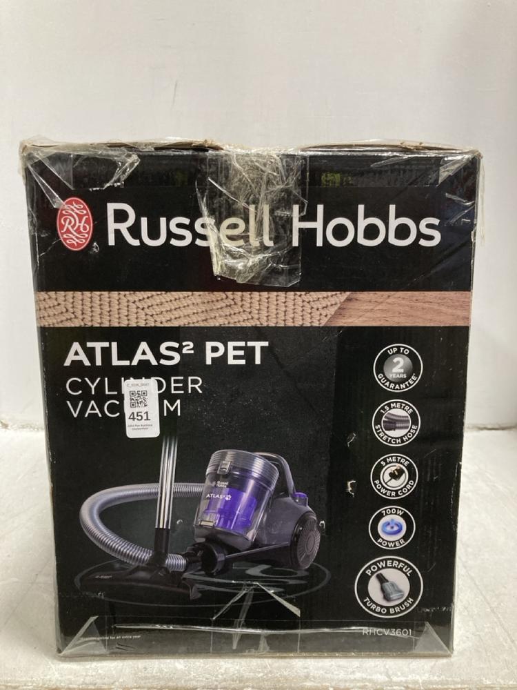 Lot 451  
            Chesterfield SR47 - Parcel Delivery Only 

                
RUSSELL HOBBS ATLAS2 PET CYLINDER VACUUM CLEANER (LOCATION: F9)