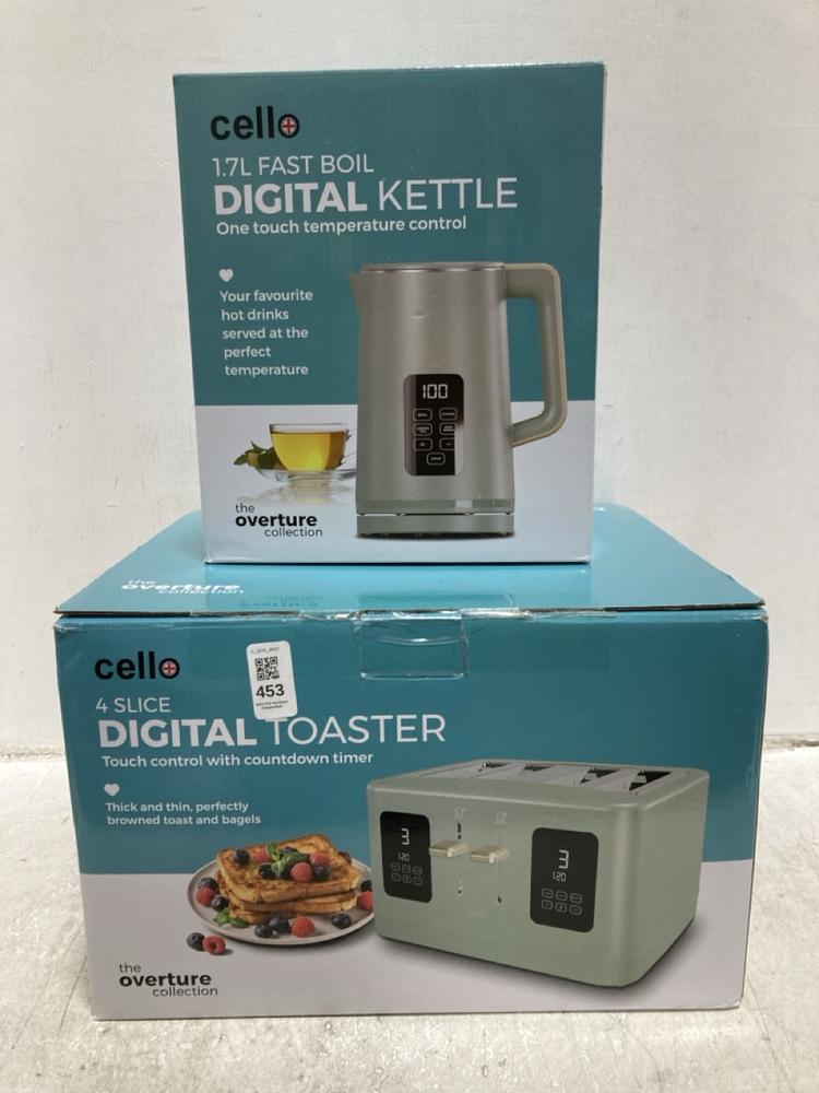 Lot 453  
            Chesterfield SR47 - Parcel Delivery Only 

                
CELLO FOUR SLICE DIGITAL TOASTER TO INCLUDE CELLO 1.7L FAST BOIL DIGITAL KETTLE (...
