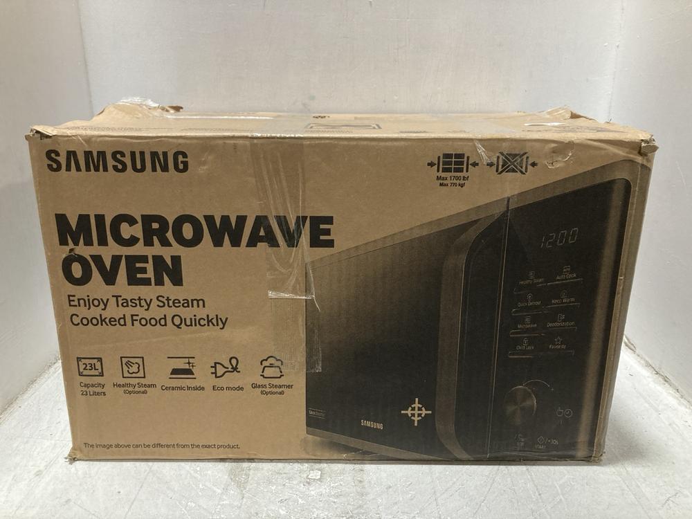 Lot 464  
            Chesterfield SR47 - Parcel Delivery Only 

                
SAMSUNG 23L 800W MICROWAVE OVEN ORIGINAL RRP £99 - MODEL NO. MS23K3513AW (LOCATIO...
