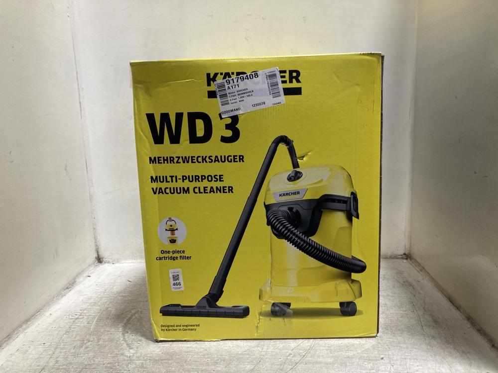 Lot 466  
            Chesterfield SR47 - Parcel Delivery Only 

                
KARCHER WD3 MULTI PURPOSE VACUUM CLEANER - ORIGINAL RRP £100 (LOCATION: F10)