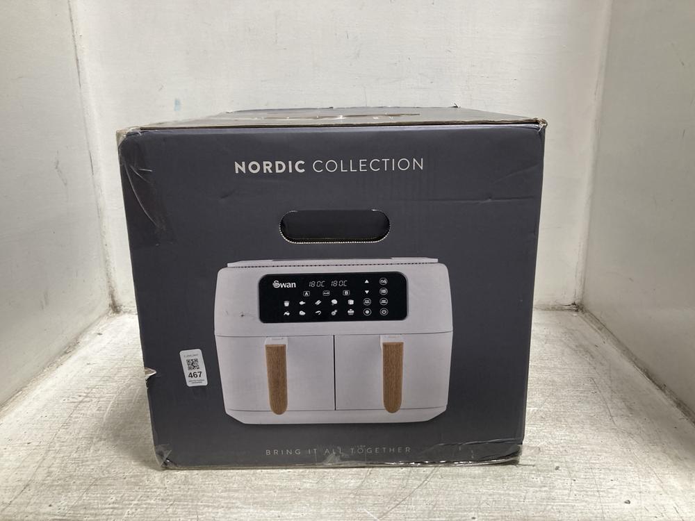 Lot 467  
            Chesterfield SR47 - Parcel Delivery Only 

                
SWAN NORDIC COLLECTION DUAL 8L AIR FRYER IN WHITE (LOCATION: F10)