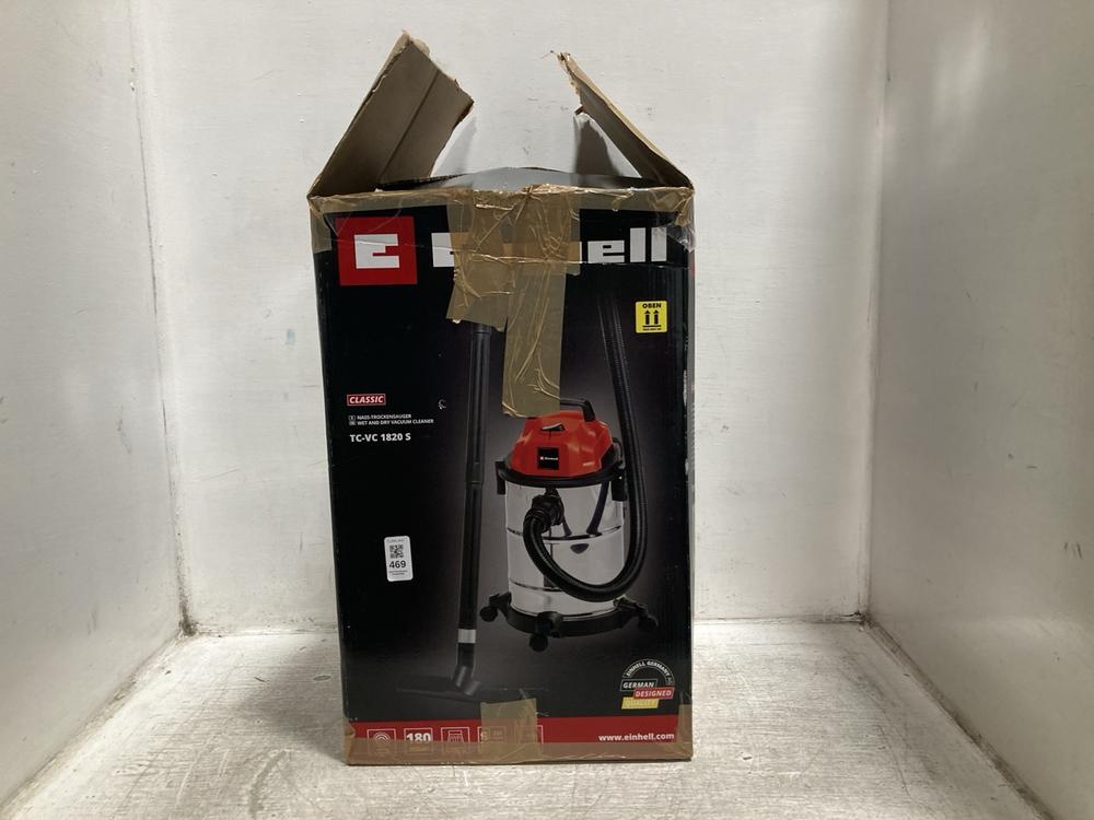 Lot 469  
            Chesterfield SR47 - Parcel Delivery Only 

                
EINHELL CLASSIC WET AND DRY VACUUM CLEANER - MODEL NO. TCVC1820S (LOCATION: F10)