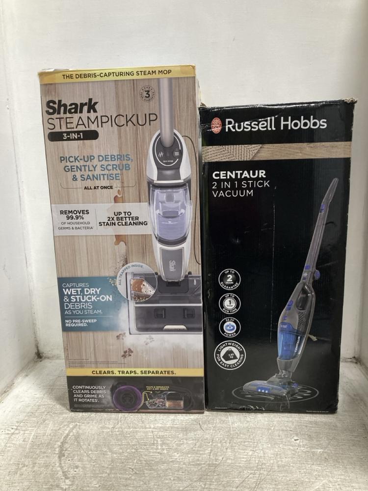 Lot 473  
            Chesterfield SR47 - Parcel Delivery Only 

                
SHARK STEAMPICKUP 3 IN 1 FLOOR CLEANER TO INCLUDE RUSSELL HOBBS CENTAUR 2 IN 1 ST...