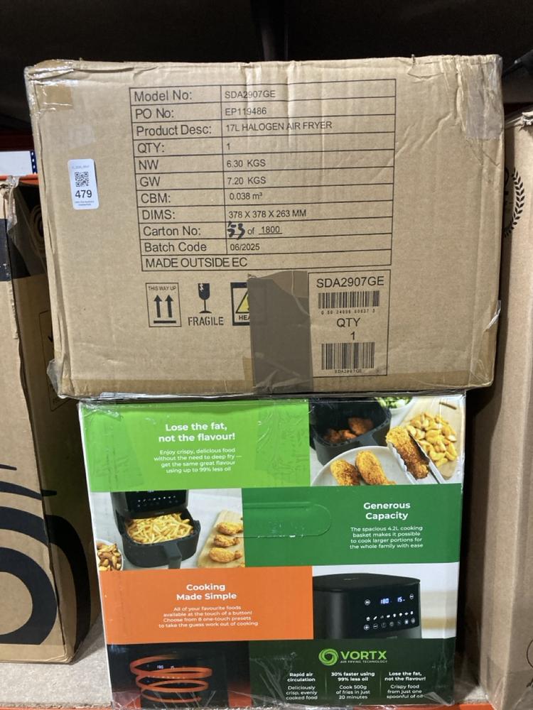 Lot 479  
            Chesterfield SR47 - Parcel Delivery Only 

                
TOWER 4.2L DIGITAL AIR FRYER TO INCLUDE DAEWOO 17L HALOGEN AIR FRYER (LOCATION: F10)
