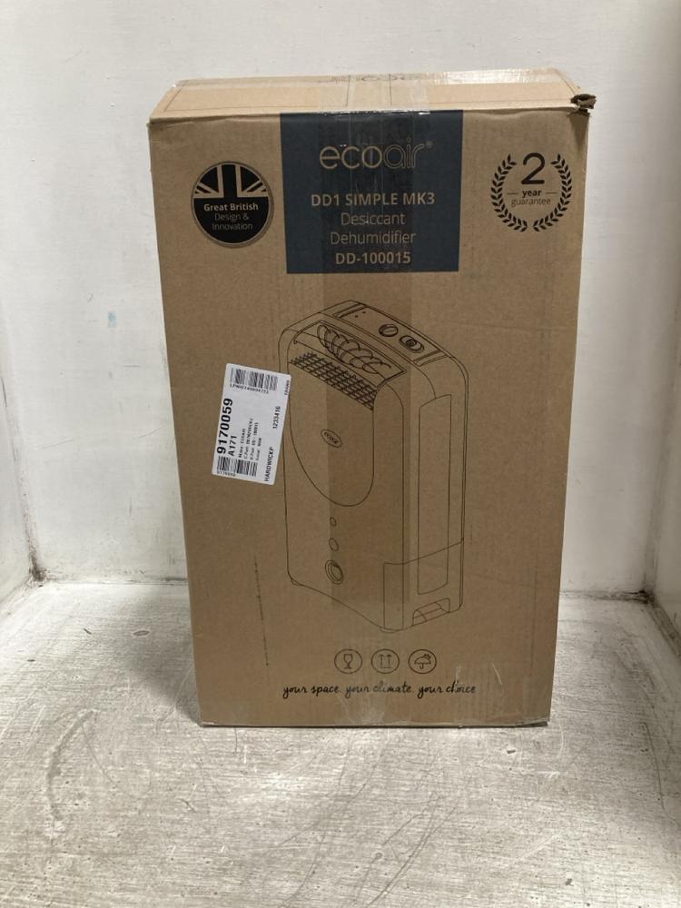 Lot 480  
            Chesterfield SR47 - Parcel Delivery Only 

                
ECOAIR DD1 SIMPLE MK3 DEHUMIDIFIER ORIGINAL RRP £179 (LOCATION: F10)