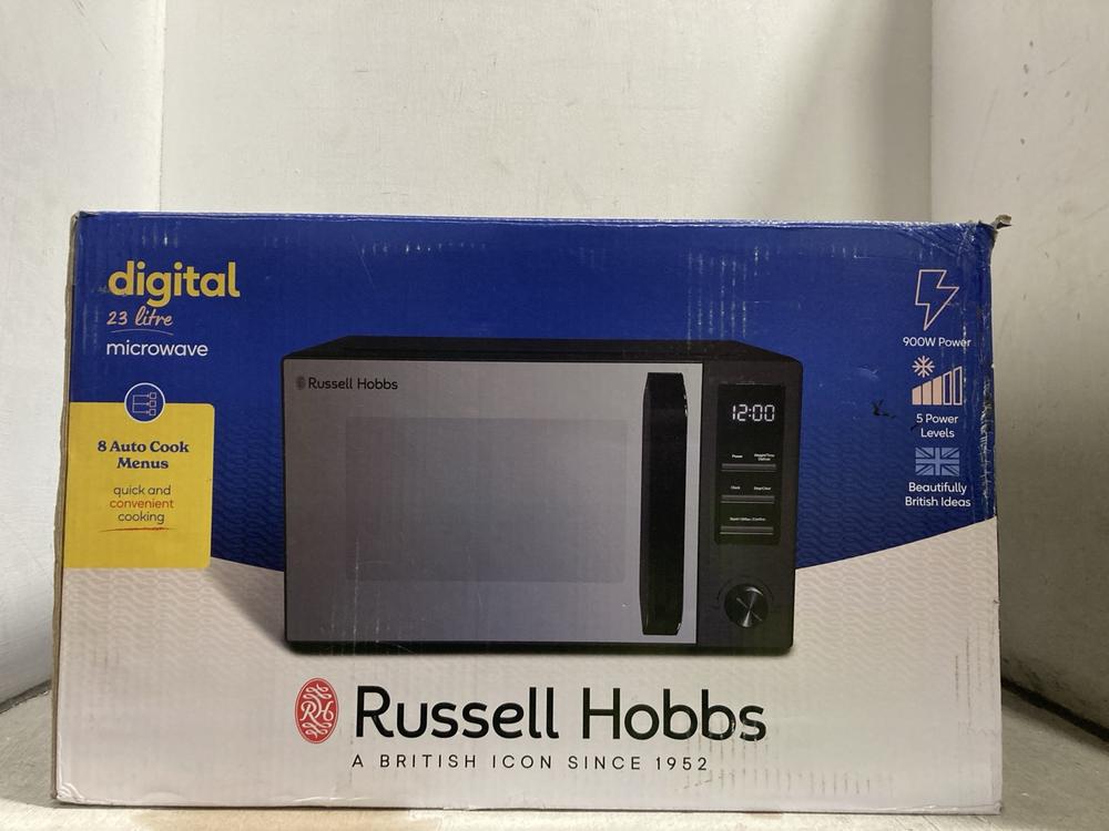Lot 496  
            Chesterfield SR47 - Parcel Delivery Only 

                
RUSSELL HOBBS 23L 900W DIGITAL MICROWAVE - MODEL NO. RHM2372DS (LOCATION: F11)