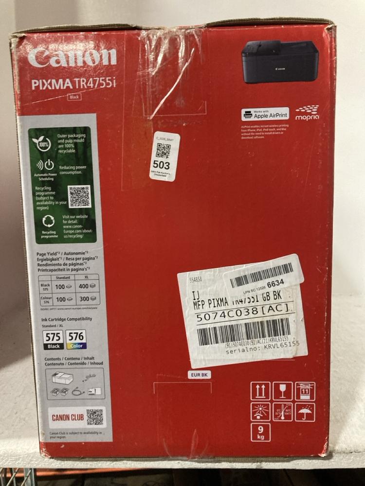 Lot 503  
            Chesterfield SR47 - Parcel Delivery Only 

                
CANON PIXMA TR4755I PRINTER (LOCATION: G1)