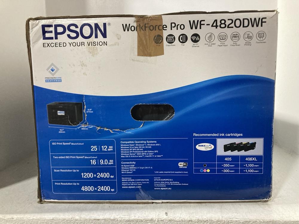 Lot 504  
            Chesterfield SR47 - Parcel Delivery Only 

                
EPSON WORKFORCE PRO WF-4820DWF MULTI FUNCTION PRINTER ORIGINAL RRP £121 (LOCATION...