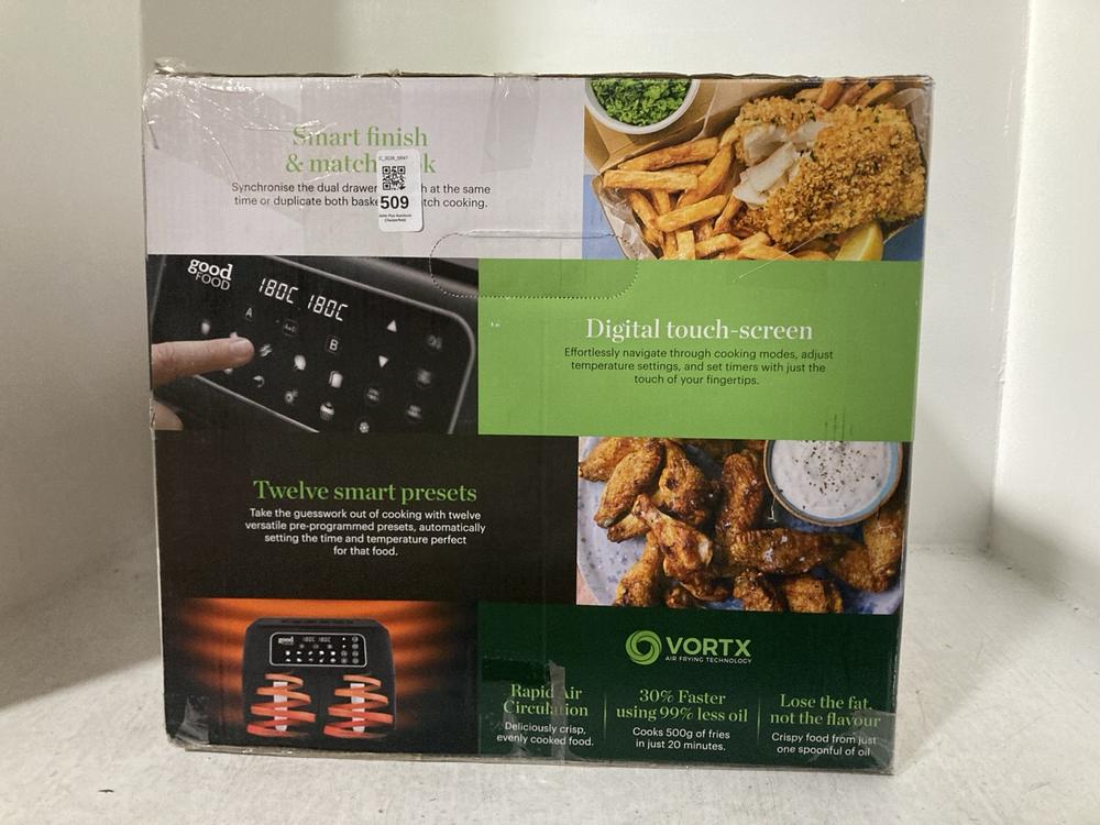 Lot 509  
            Chesterfield SR47 - Parcel Delivery Only 

                
TOWER GOODFOOD 12 IN 1 DUAL BASKET AIR FRYER (LOCATION: G1)