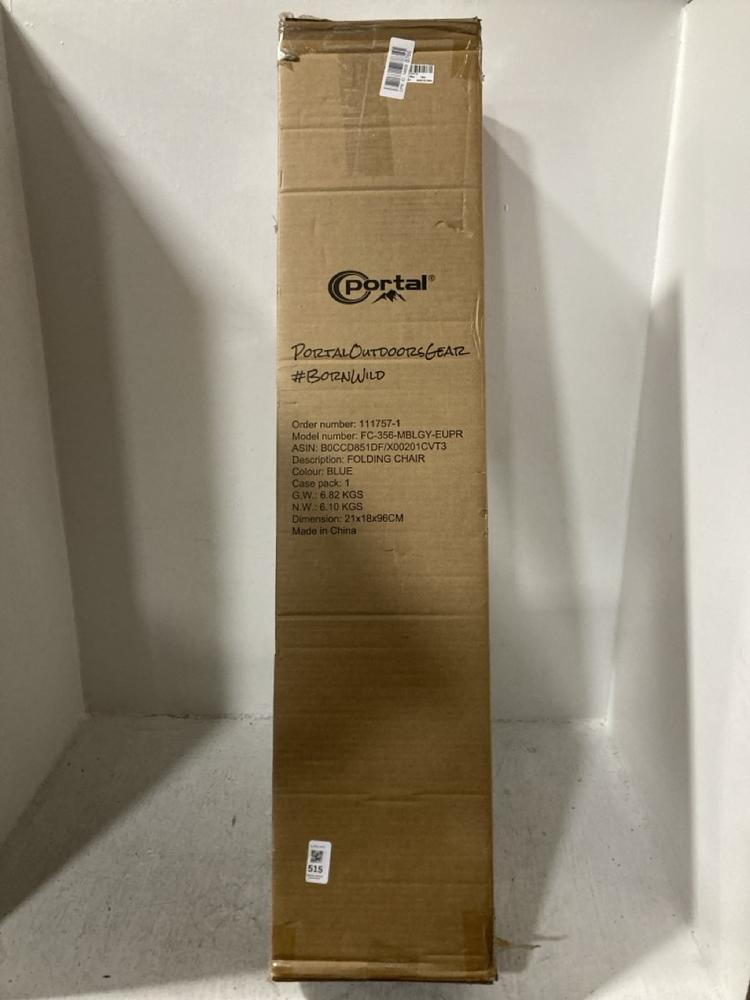 Lot 515  
            Chesterfield SR47 - Parcel Delivery Only 

                
PORTAL FOLDING BLUE OUTDOOR CHAIR (LOCATION: G1)