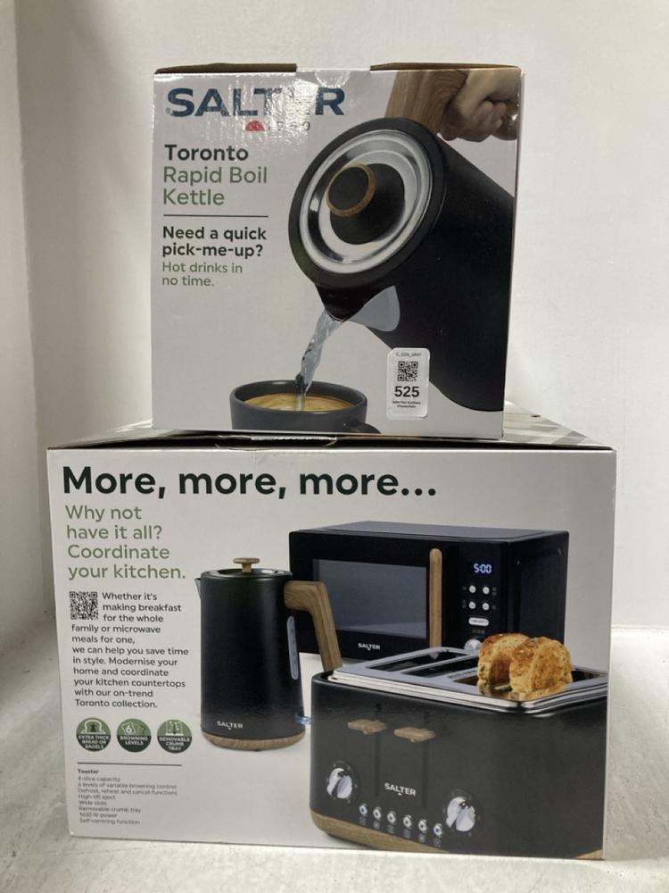 Lot 525  
            Chesterfield SR47 - Parcel Delivery Only 

                
SALTER TORONTO FOUR SLICE TOASTER TO INCLUDE SALTER TORONTO RAPID BOIL KETTLE (LO...