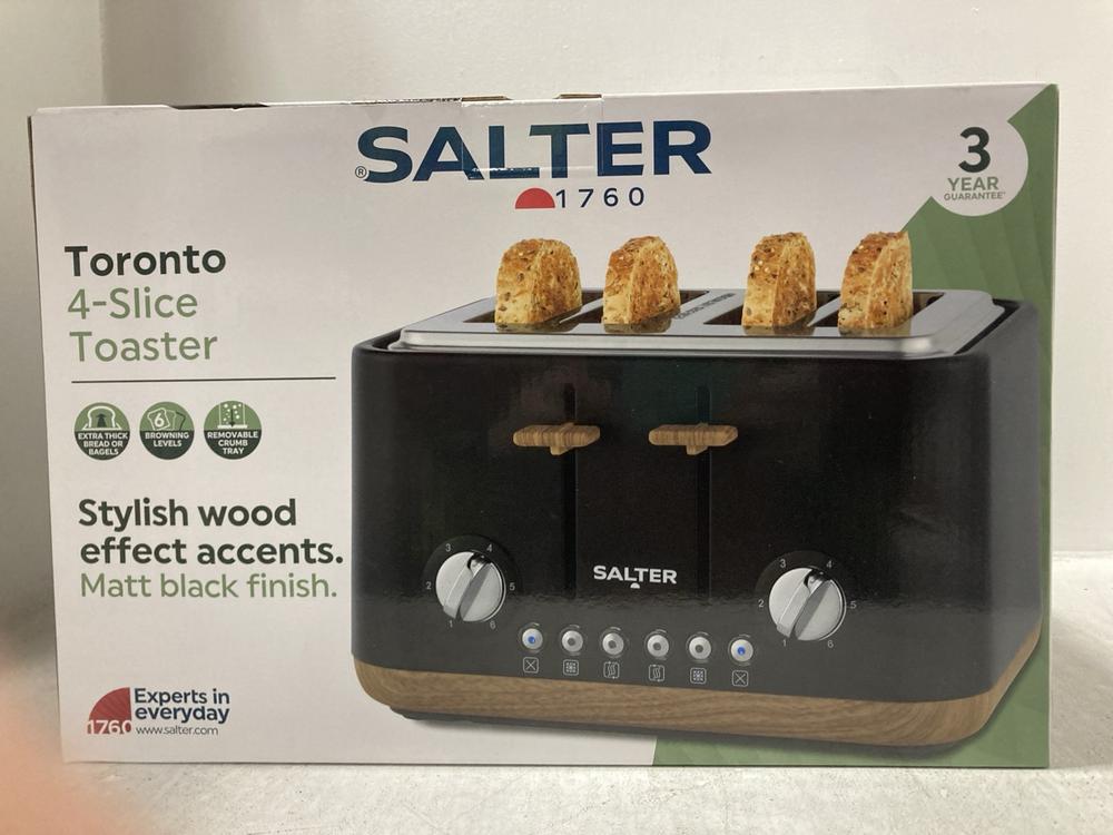 Lot 525  
            Chesterfield SR47 - Parcel Delivery Only 

                
SALTER TORONTO FOUR SLICE TOASTER TO INCLUDE SALTER TORONTO RAPID BOIL KETTLE (LO...