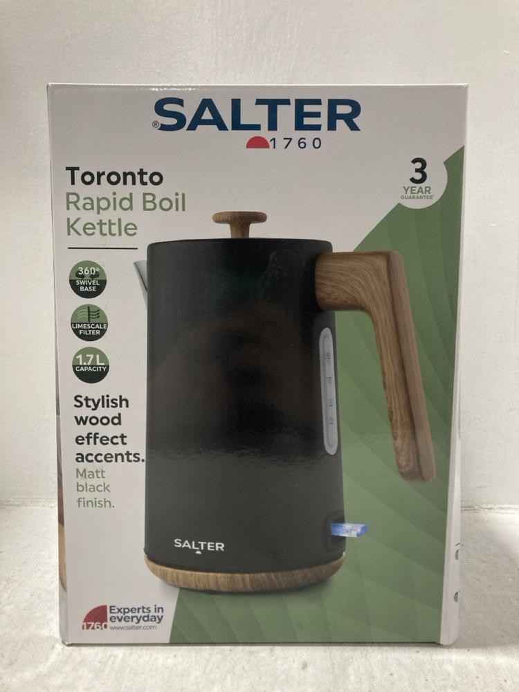 Lot 525  
            Chesterfield SR47 - Parcel Delivery Only 

                
SALTER TORONTO FOUR SLICE TOASTER TO INCLUDE SALTER TORONTO RAPID BOIL KETTLE (LO...