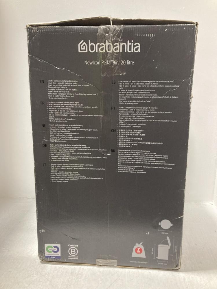 Lot 530  
            Chesterfield SR47 - Parcel Delivery Only 

                
BRABANTIA 20L NEWICON PEDAL BIN (LOCATION: G2)