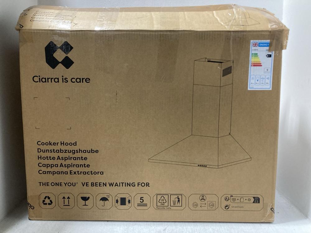 Lot 531  
            Chesterfield SR47 - Parcel Delivery Only 

                
CIARRA 60CM COOKER HOOD - MODEL NO. CBCB 6201 (LOCATION: G2)