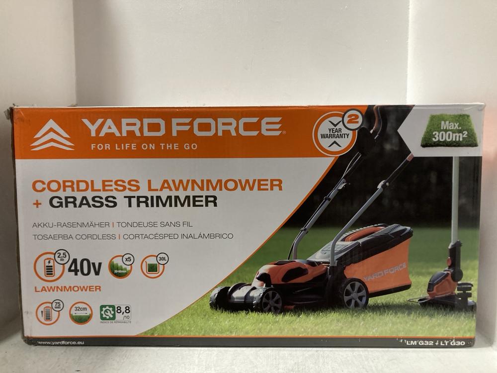 Lot 541  
            Chesterfield SR47 - Parcel Delivery Only 

                
YARD FORCE CORDLESS LAWNMOWER AND GRASS STRIMMER TWIN PACK ORIGINAL RRP £189 (LOC...