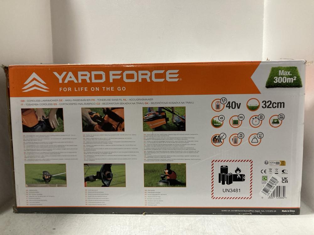 Lot 541  
            Chesterfield SR47 - Parcel Delivery Only 

                
YARD FORCE CORDLESS LAWNMOWER AND GRASS STRIMMER TWIN PACK ORIGINAL RRP £189 (LOC...