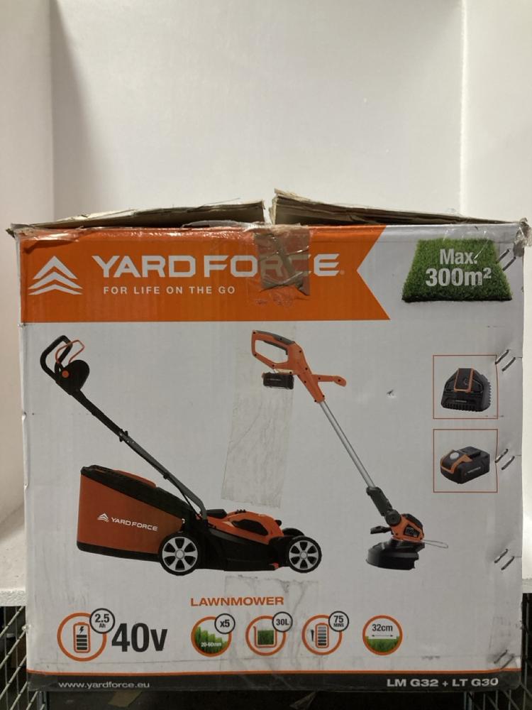 Lot 541  
            Chesterfield SR47 - Parcel Delivery Only 

                
YARD FORCE CORDLESS LAWNMOWER AND GRASS STRIMMER TWIN PACK ORIGINAL RRP £189 (LOC...