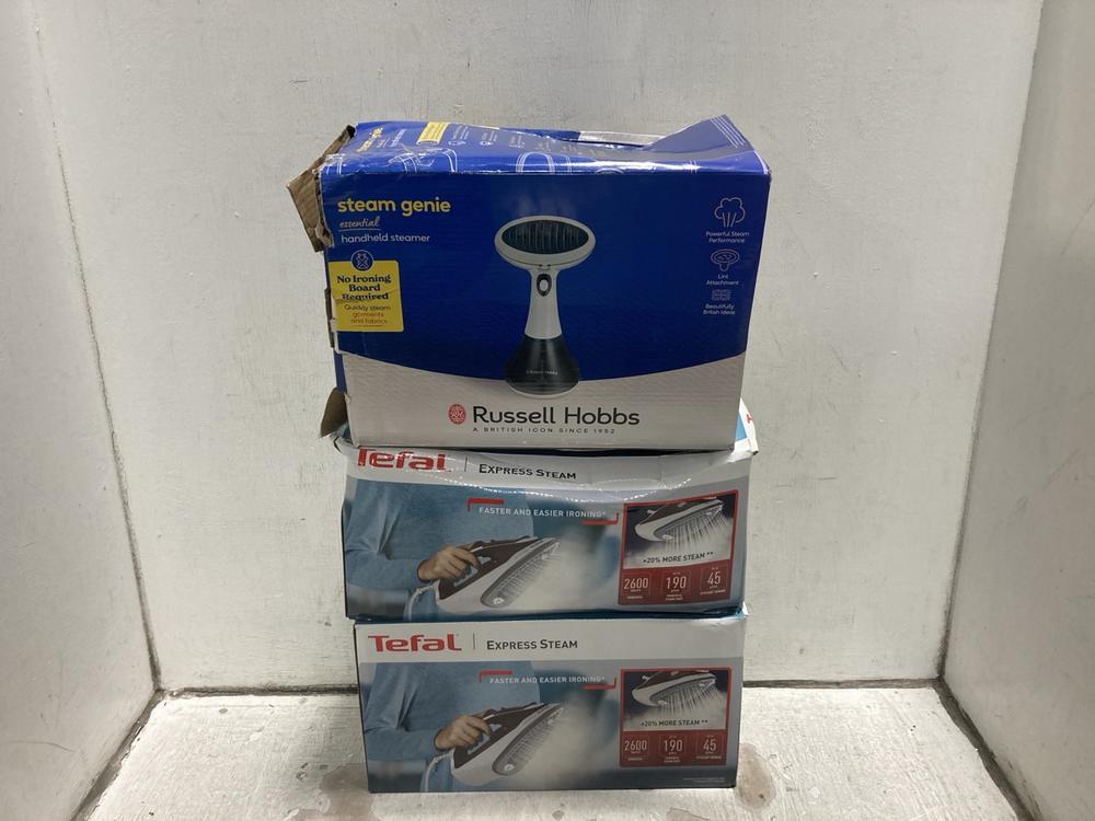 Lot 556  
            Chesterfield SR47 - Parcel Delivery Only 

                
RUSSELL HOBBS STEAM GENIE TO INCLUDE 2 X TEFAL EXPRESS STEAM (LOCATION: G3)