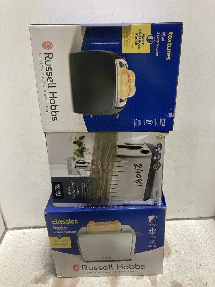 Lot 560  
            Chesterfield SR47 - Parcel Delivery Only 

                
3 X ASSORTED TOASTERS TO INCLUDE RUSSELL HOBBS AND GEORGE (LOCATION: G3)
