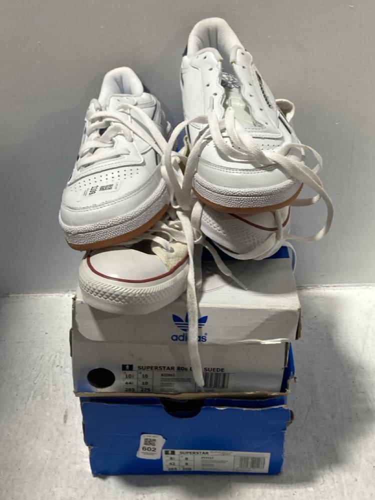 Lot 602  
            Chesterfield SR47 - Parcel Delivery Only 

                
4 X ASSORTED SHOES TO INCLUDE ADIDAS MENS SUPERSTAR 80S TRAINERS IN BURGUNDY SIZE...