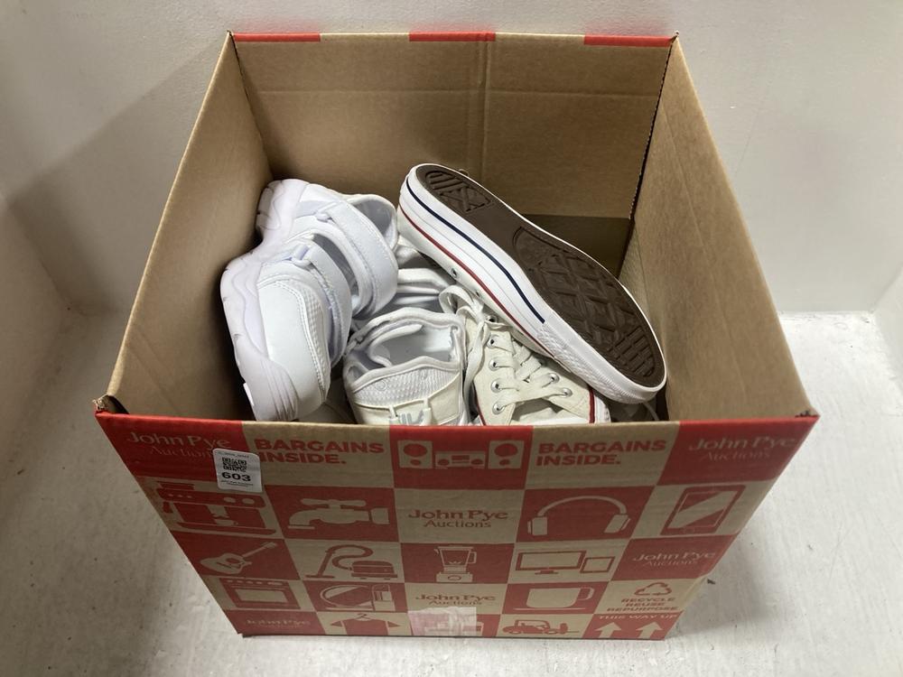Lot 603  
            Chesterfield SR47 - Parcel Delivery Only 

                
QTY OF ASSORTED SHOES TO INCLUDE CONVERSE CHUCK TAYLOR ALL STAR TRAINERS IN WHITE...