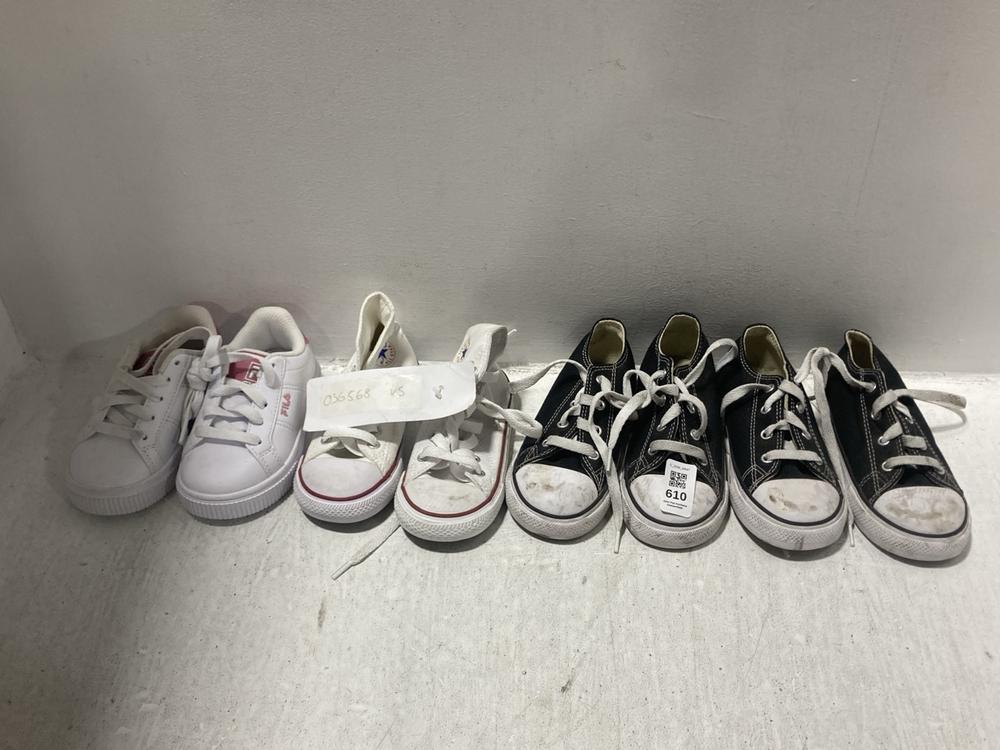 Lot 610  
            Chesterfield SR47 - Parcel Delivery Only 

                
4 X ASSORTED SHOES TO INCLUDE CONVERSE CHILDRENS ALL STAR LOW TRAINERS IN BLACK S...