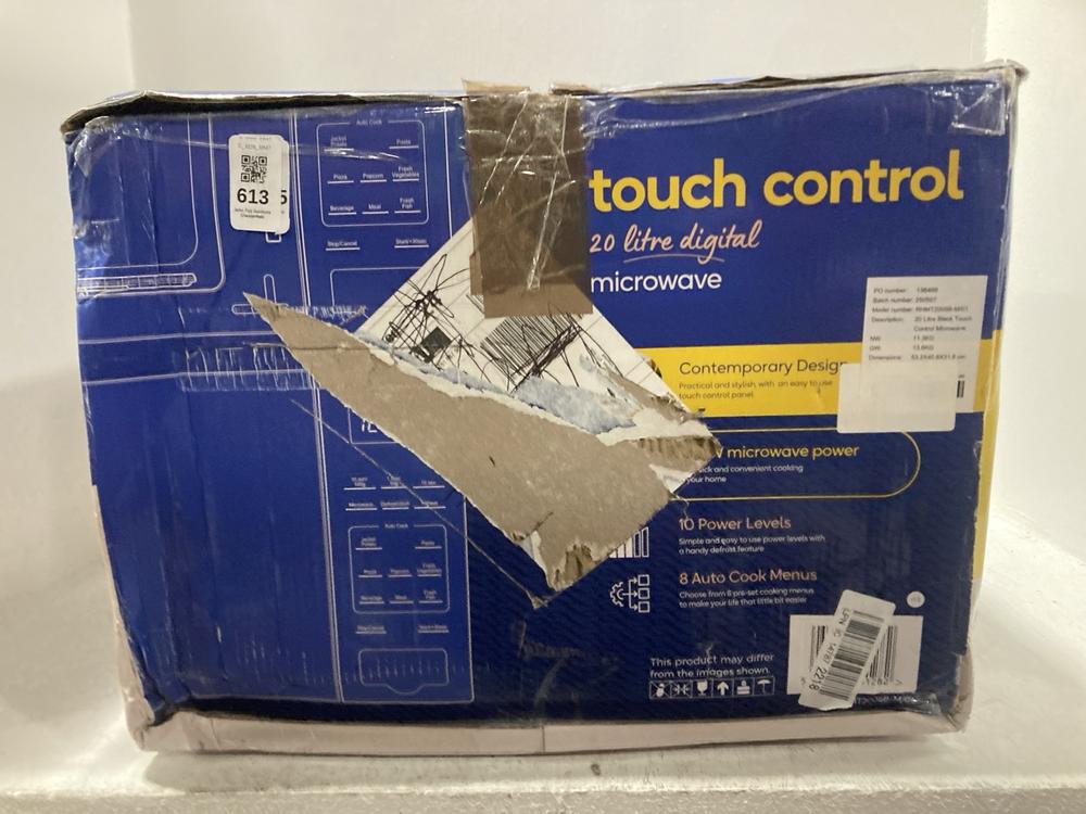 Lot 613  
            Chesterfield SR47 - Parcel Delivery Only 

                
RUSSELL HOBBS 20L 800W MICROWAVE OVEN - MODEL NO. RHMT2005B (LOCATION: G5)