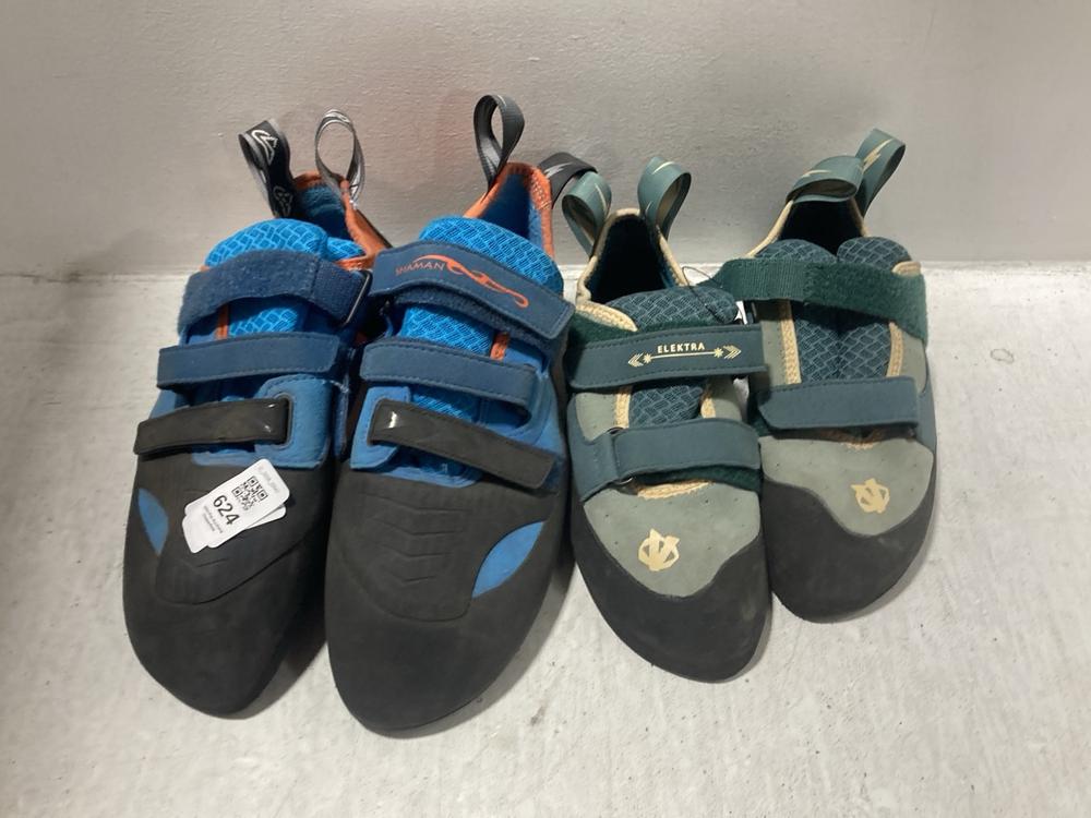Lot 624  
            Chesterfield SR47 - Parcel Delivery Only 

                
SHAMAN CLIMBING SHOES IN BLUE/ORANGE SIZE UK 11.5 TO INCLUDE ELEKTRA CLIMBING SHO...