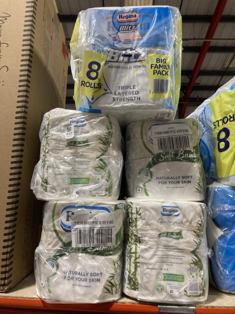 Lot 627  
            Chesterfield SR47 - Parcel Delivery Only 

                
5 X ASSORTED TOILET TISSUE TO INCLUDE REGINA TOILET TISSUE 8 ROLLS (LOCATION: G6)